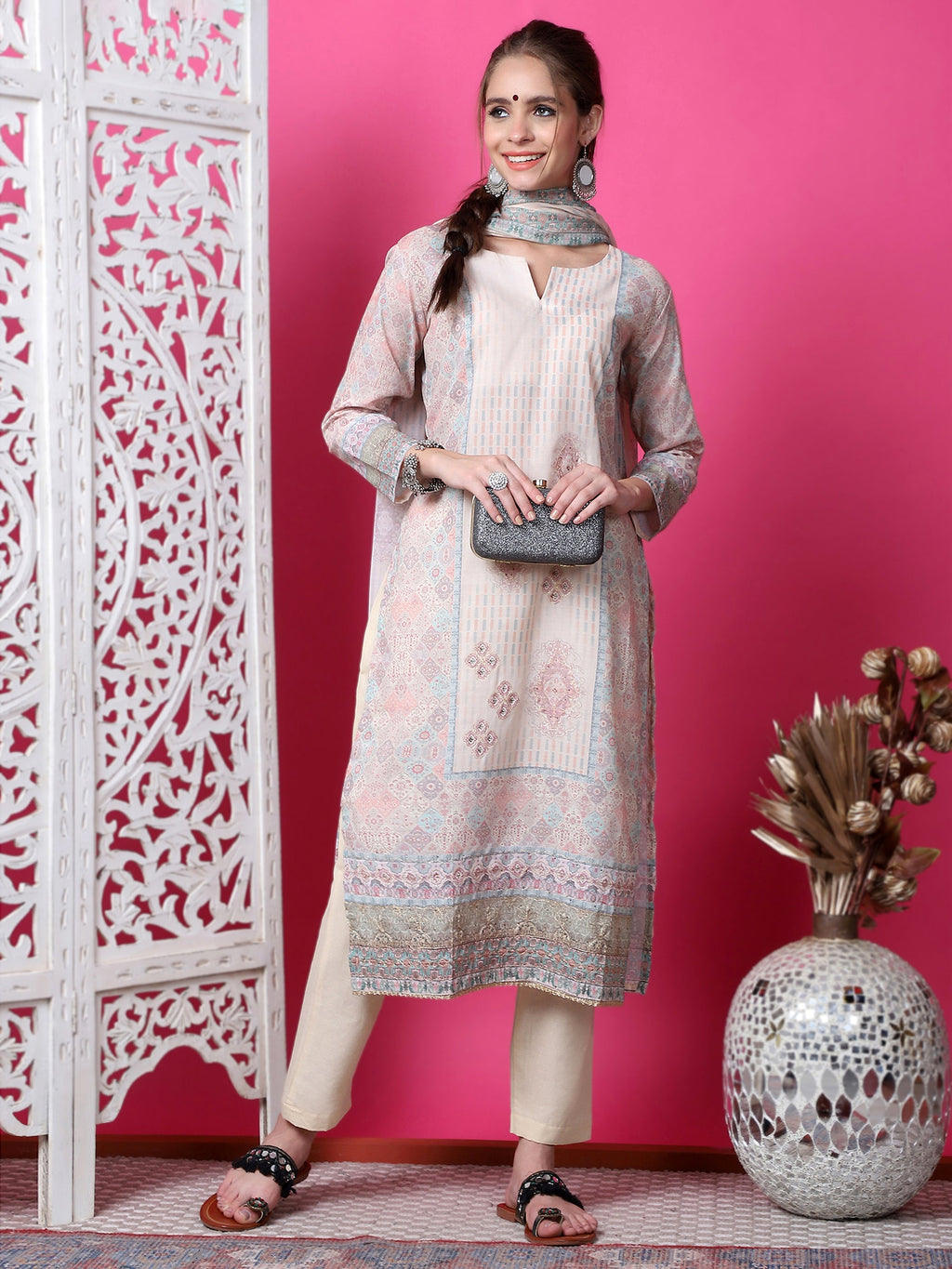 Jyoti Fashion Women's Beige Cotton Geometric Digital Print with Jari & Crystal Kurta with Trouser & Dupatta | Grocsy