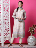 Jyoti Fashion Women's Beige Cotton Geometric Digital Print with Jari & Crystal Kurta with Trouser & Dupatta | Grocsy