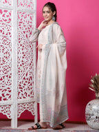 Jyoti Fashion Women's Beige Cotton Geometric Digital Print with Jari & Crystal Kurta with Trouser & Dupatta | Grocsy