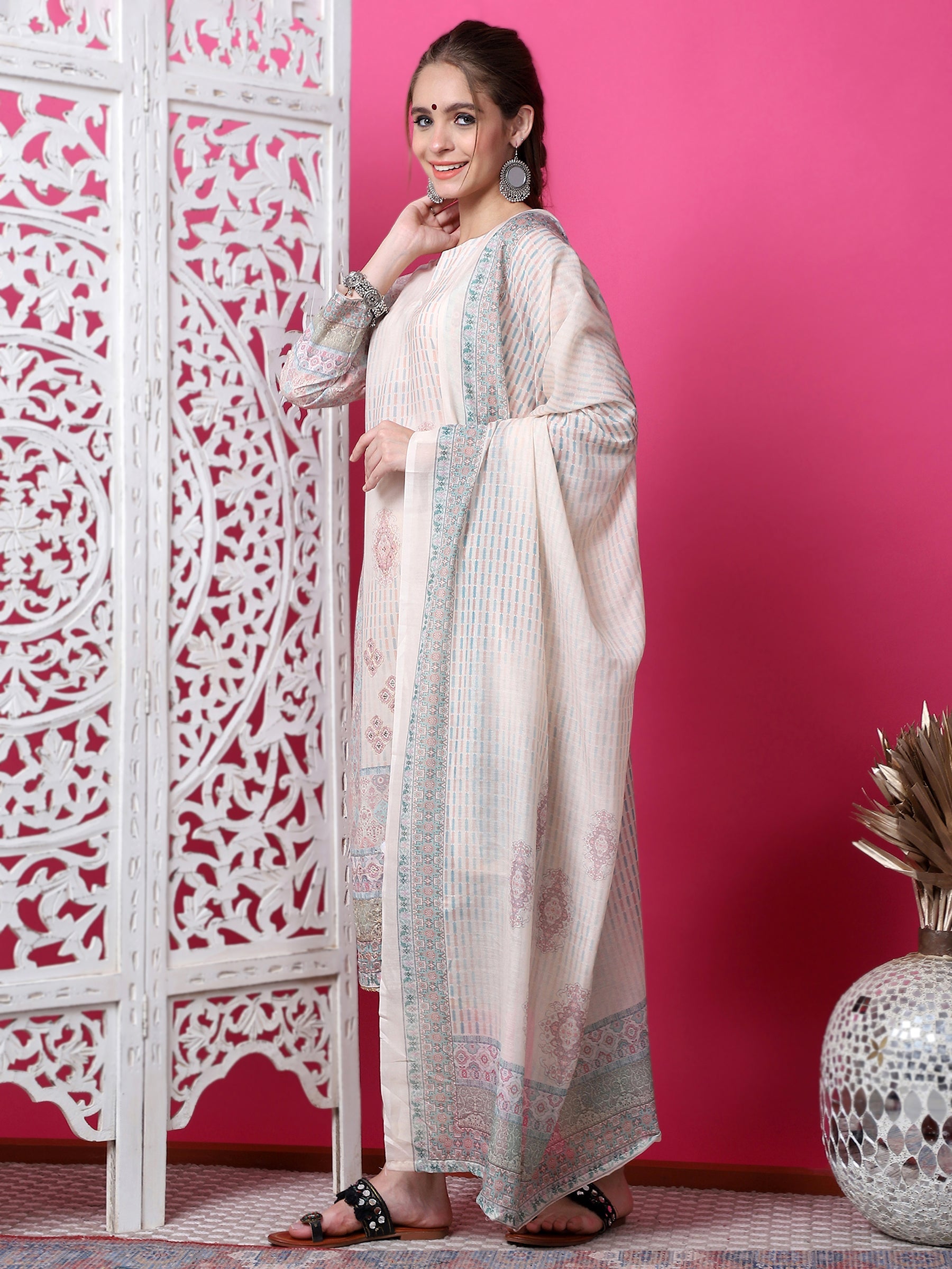 Jyoti Fashion Women's Beige Cotton Geometric Digital Print with Jari & Crystal Kurta with Trouser & Dupatta | Grocsy