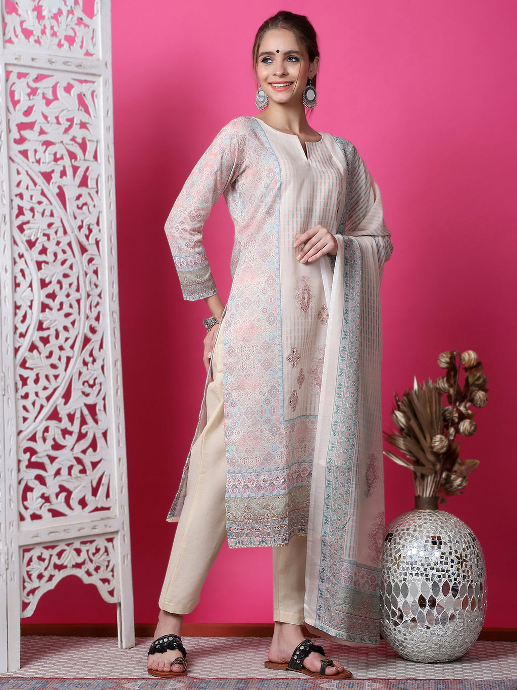 Jyoti Fashion Women's Beige Cotton Geometric Digital Print with Jari & Crystal Kurta with Trouser & Dupatta | Grocsy
