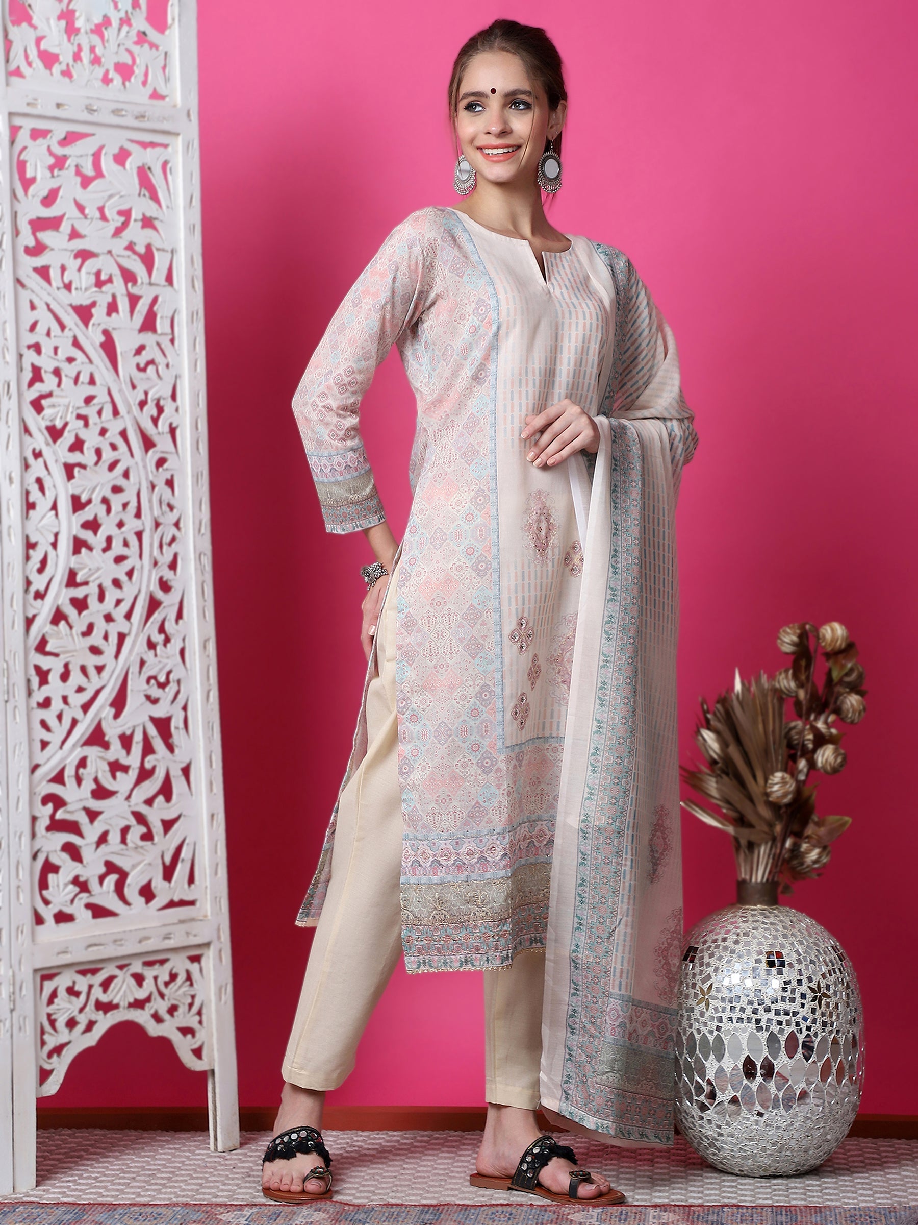 Jyoti Fashion Women's Beige Cotton Geometric Digital Print with Jari & Crystal Kurta with Trouser & Dupatta | Grocsy