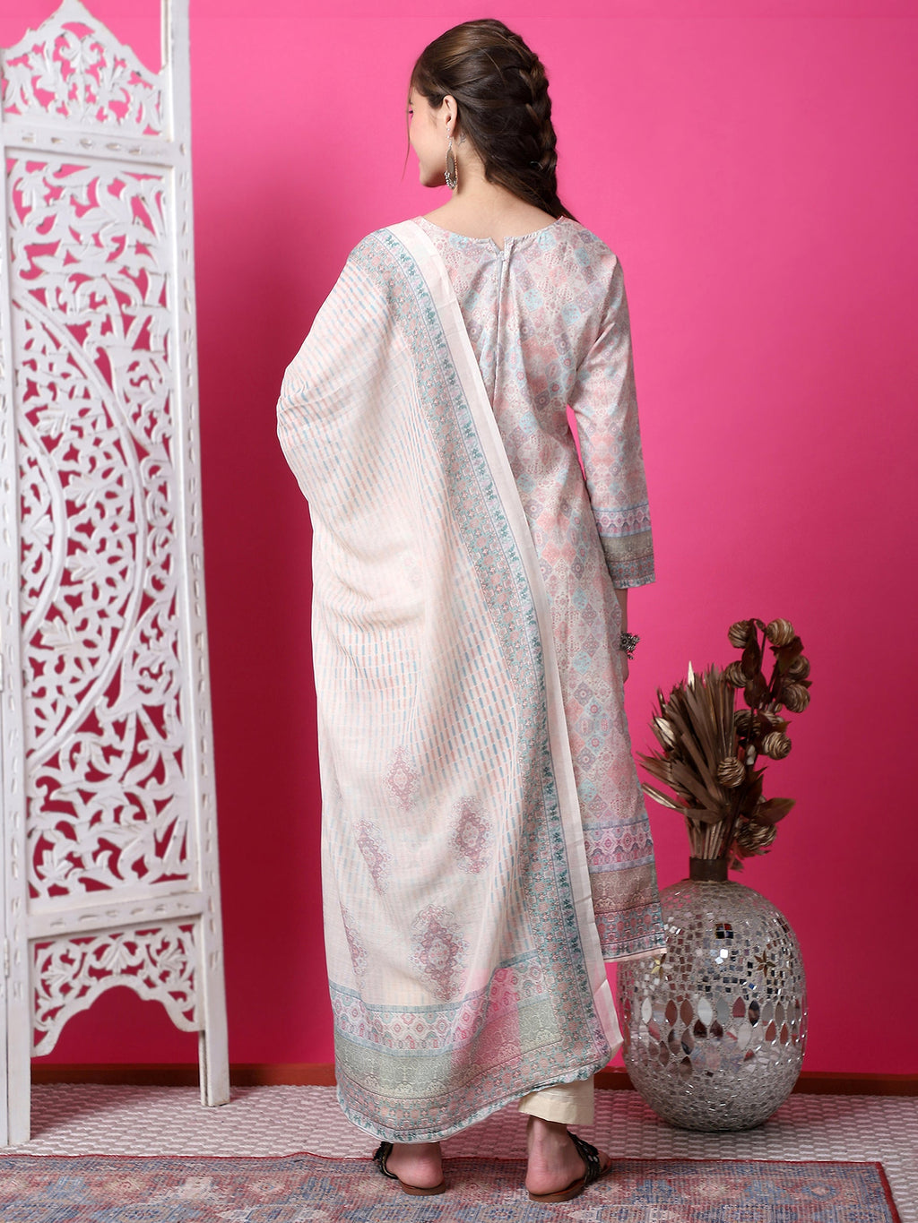 Jyoti Fashion Women's Beige Cotton Geometric Digital Print with Jari & Crystal Kurta with Trouser & Dupatta | Grocsy