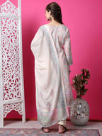 Jyoti Fashion Women's Beige Cotton Geometric Digital Print with Jari & Crystal Kurta with Trouser & Dupatta | Grocsy