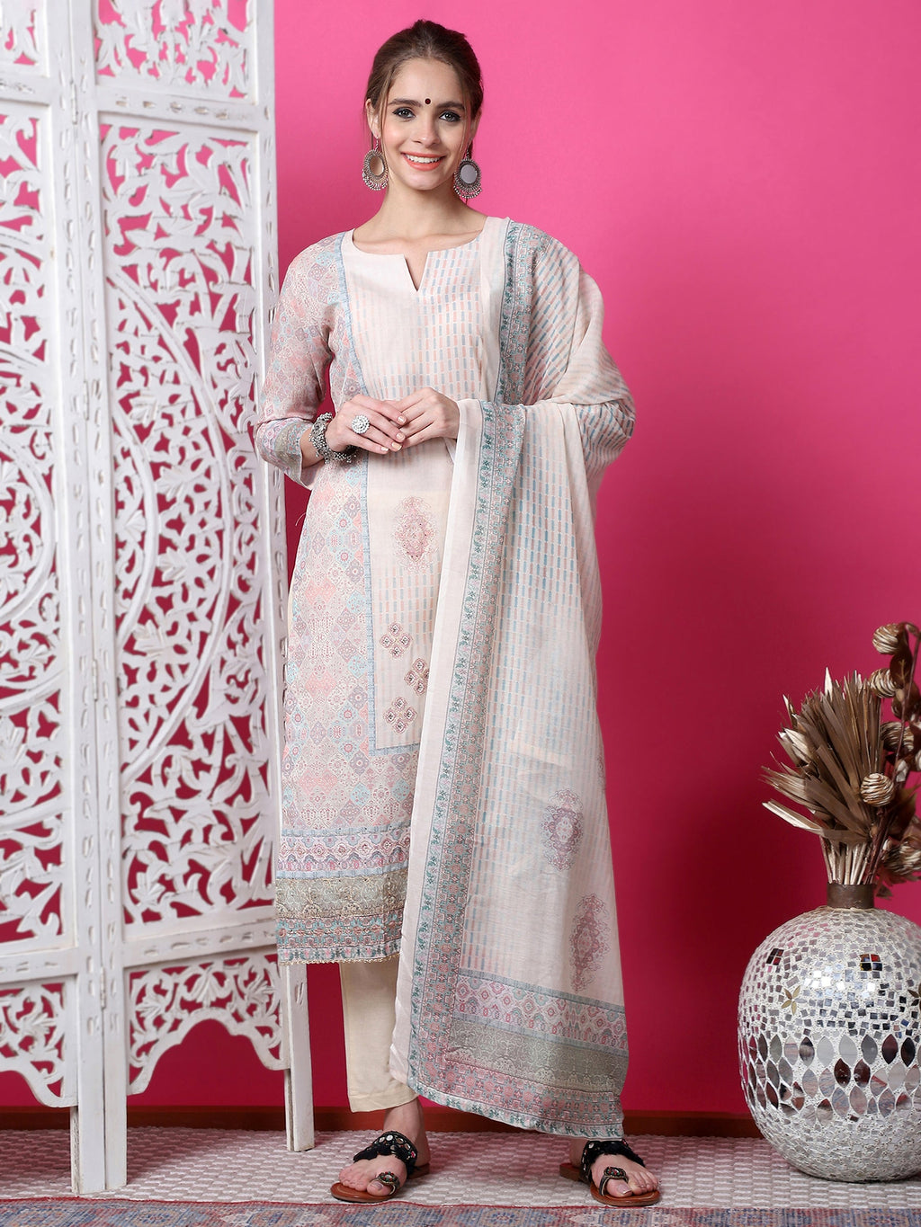 Jyoti Fashion Women's Beige Cotton Geometric Digital Print with Jari & Crystal Kurta with Trouser & Dupatta | Grocsy
