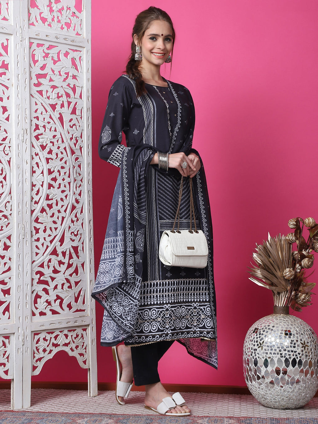 Jyoti Fashion Women's Black Cotton Geometric Digital Print with Jari & Crystal Kurta with Trouser & Dupatta | Grocsy