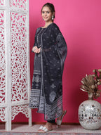 Jyoti Fashion Women's Black Cotton Geometric Digital Print with Jari & Crystal Kurta with Trouser & Dupatta | Grocsy