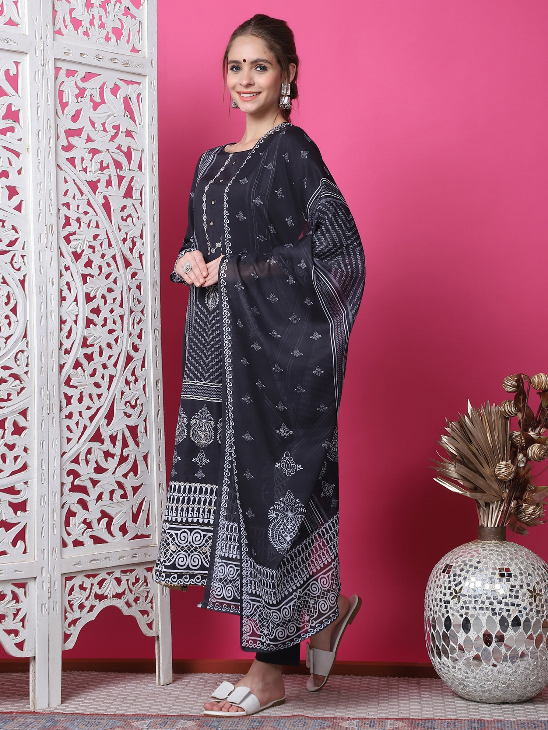 Jyoti Fashion Women's Black Cotton Geometric Digital Print with Jari & Crystal Kurta with Trouser & Dupatta | Grocsy