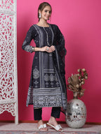 Jyoti Fashion Women's Black Cotton Geometric Digital Print with Jari & Crystal Kurta with Trouser & Dupatta | Grocsy