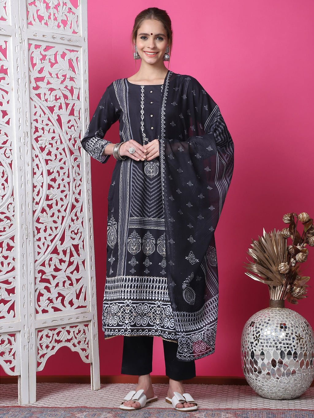 Jyoti Fashion Women's Black Cotton Geometric Digital Print with Jari & Crystal Kurta with Trouser & Dupatta | Grocsy
