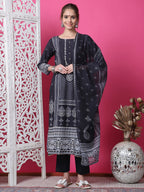 Jyoti Fashion Women's Black Cotton Geometric Digital Print with Jari & Crystal Kurta with Trouser & Dupatta | Grocsy