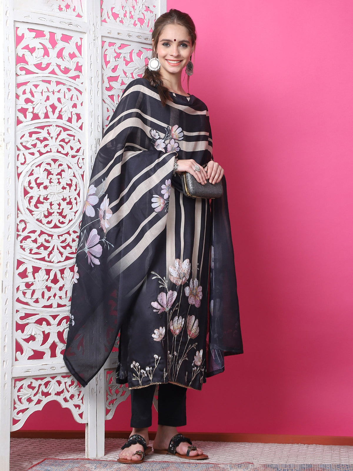 Jyoti Fashion Women's Black Cotton Geometric Digital Print with Jari & Crystal Kurta with Trouser & Dupatta | Grocsy