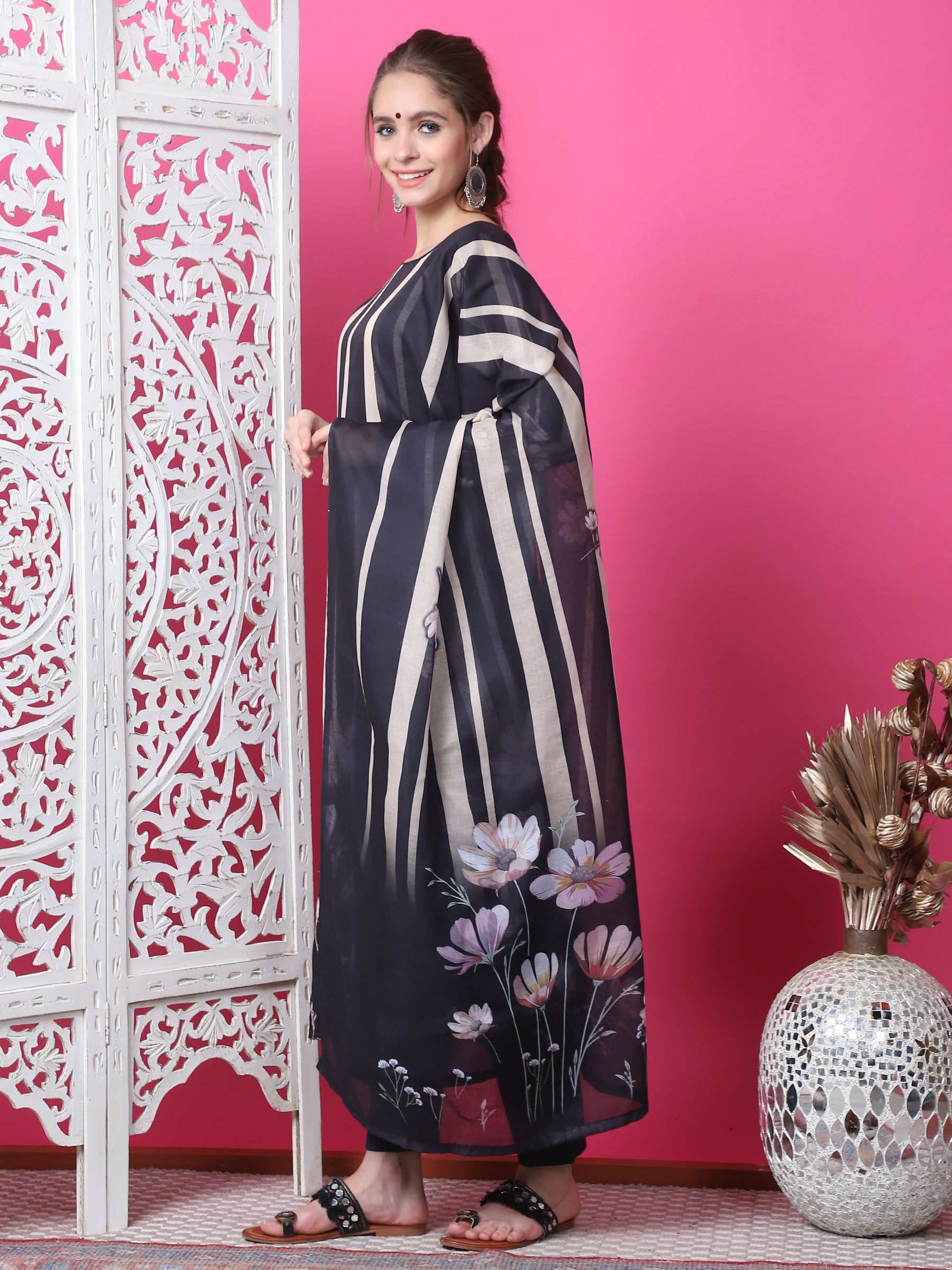 Jyoti Fashion Women's Black Cotton Geometric Digital Print with Jari & Crystal Kurta with Trouser & Dupatta | Grocsy