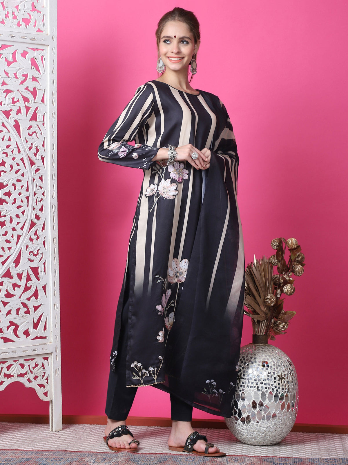 Jyoti Fashion Women's Black Cotton Geometric Digital Print with Jari & Crystal Kurta with Trouser & Dupatta | Grocsy