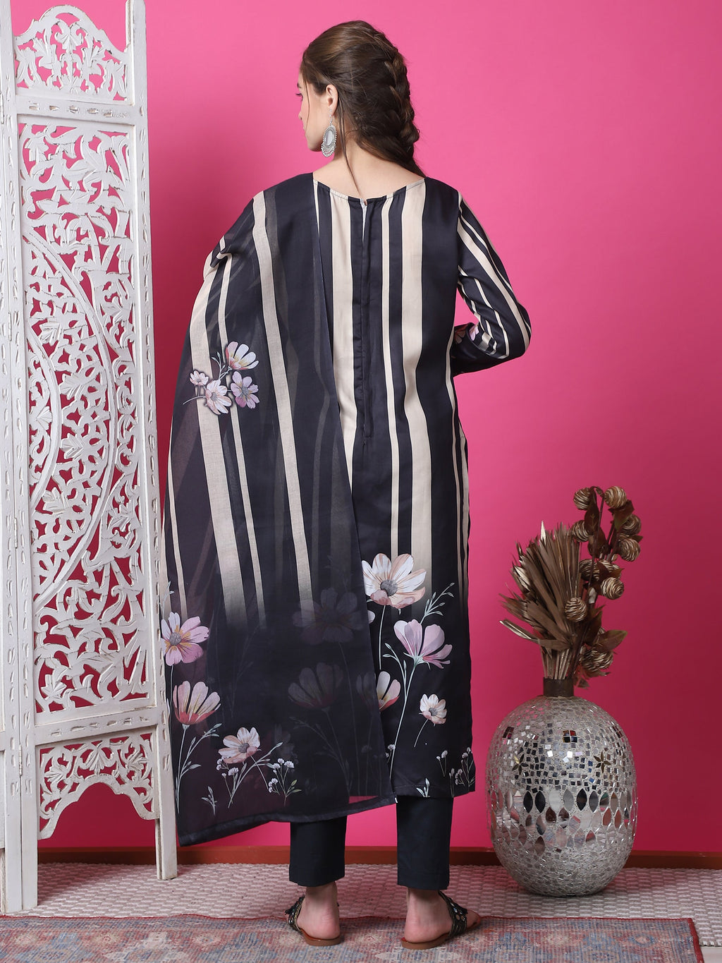 Jyoti Fashion Women's Black Cotton Geometric Digital Print with Jari & Crystal Kurta with Trouser & Dupatta | Grocsy