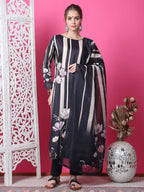 Jyoti Fashion Women's Black Cotton Geometric Digital Print with Jari & Crystal Kurta with Trouser & Dupatta | Grocsy