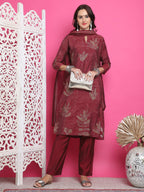Jyoti Fashion Women's Maroon Muslin Floral Print with Jari & Crystal work Kurta with Trouser & Dupatta | Grocsy