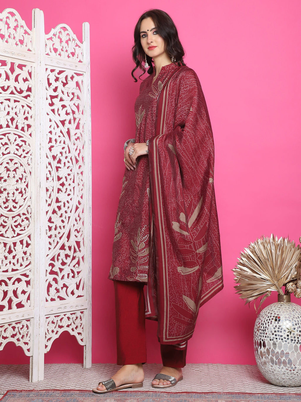 Jyoti Fashion Women's Maroon Muslin Floral Print with Jari & Crystal work Kurta with Trouser & Dupatta | Grocsy