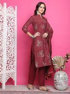 Jyoti Fashion Women's Maroon Muslin Floral Print with Jari & Crystal work Kurta with Trouser & Dupatta | Grocsy
