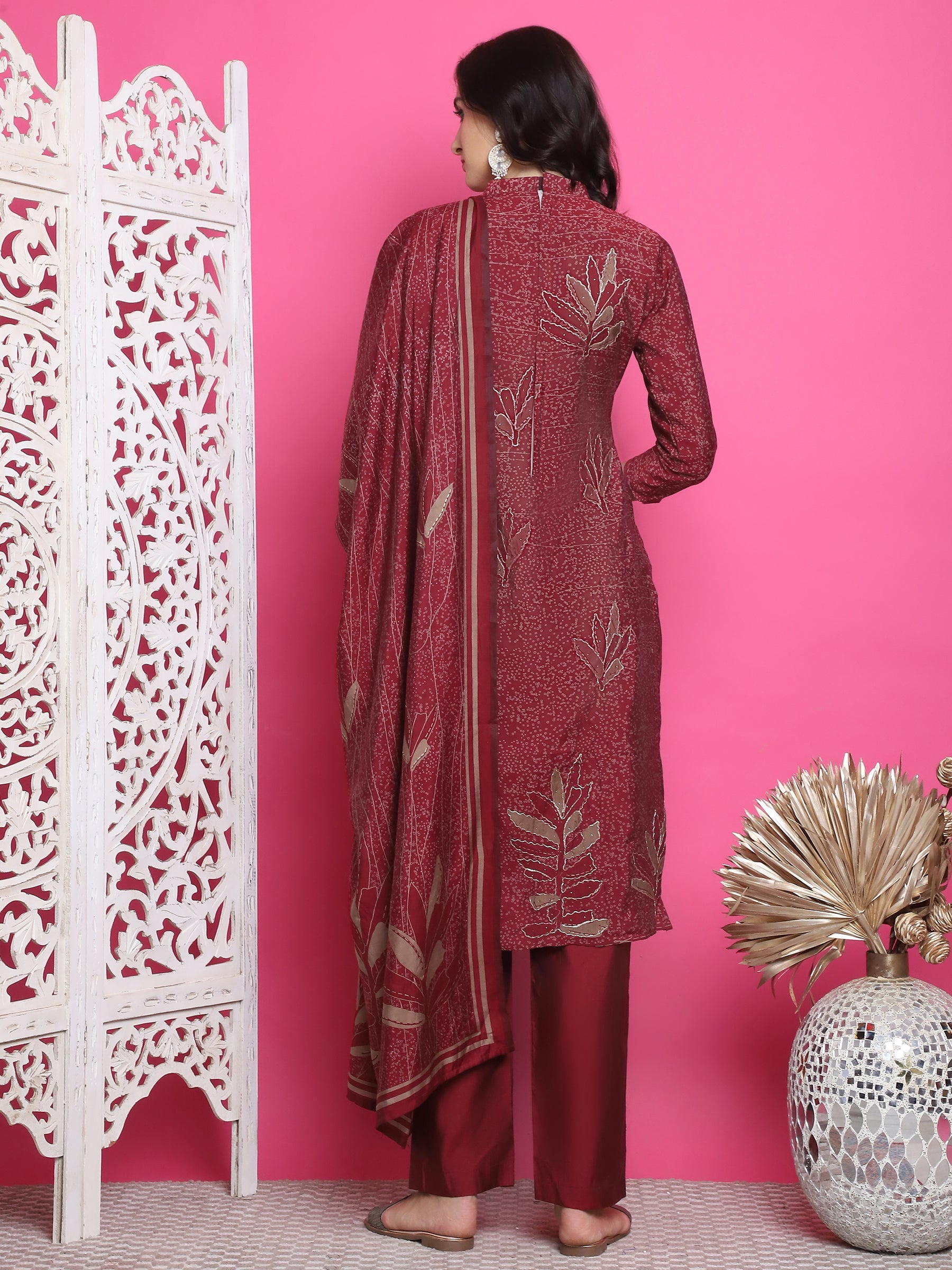 Jyoti Fashion Women's Maroon Muslin Floral Print with Jari & Crystal work Kurta with Trouser & Dupatta | Grocsy
