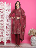 Jyoti Fashion Women's Maroon Muslin Floral Print with Jari & Crystal work Kurta with Trouser & Dupatta | Grocsy