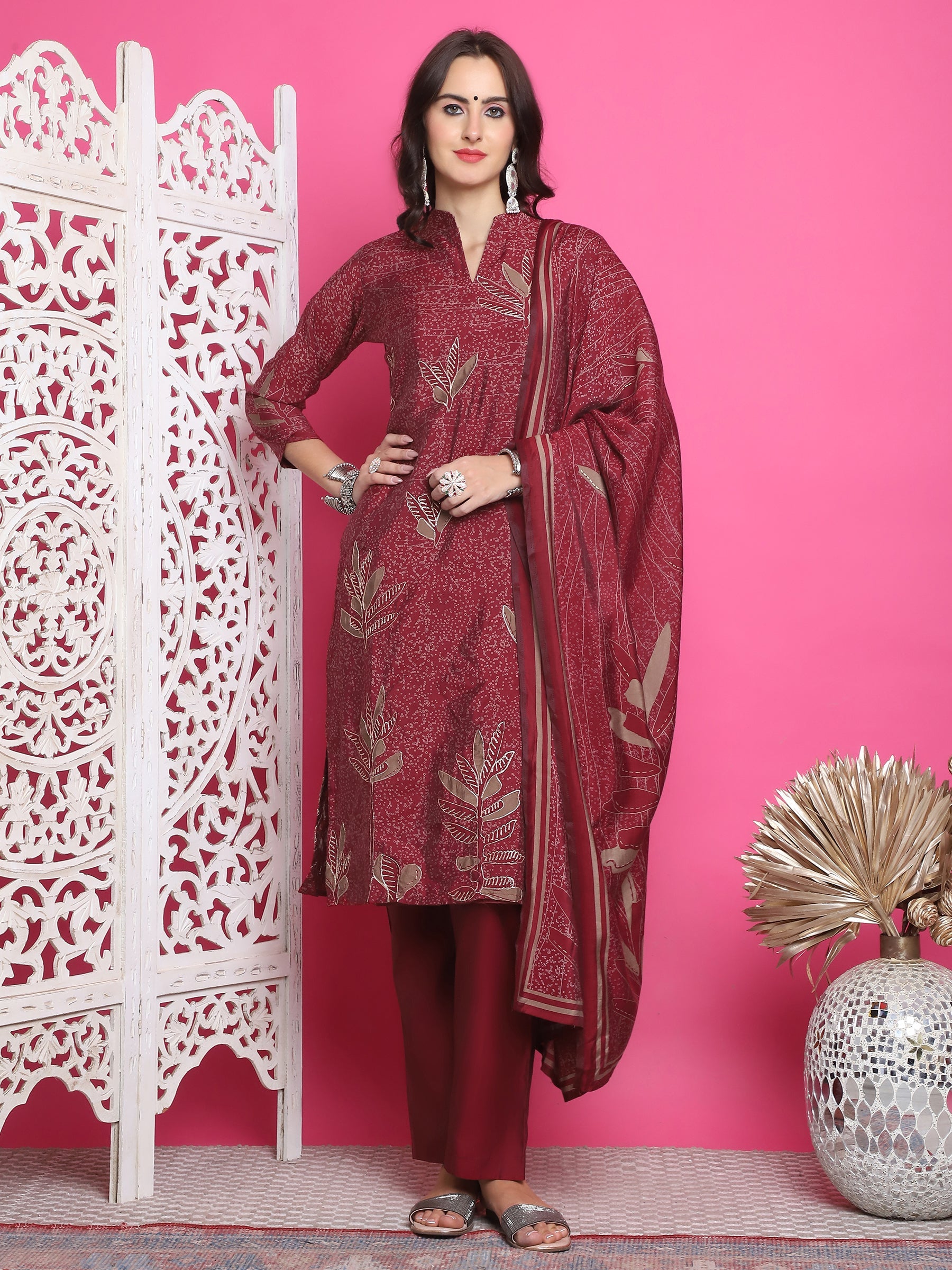 Jyoti Fashion Women's Maroon Muslin Floral Print with Jari & Crystal work Kurta with Trouser & Dupatta | Grocsy