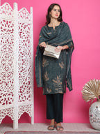Jyoti Fashion Women's Green Muslin Floral Print with Jari & Crystal work Kurta with Trouser & Dupatta | Grocsy