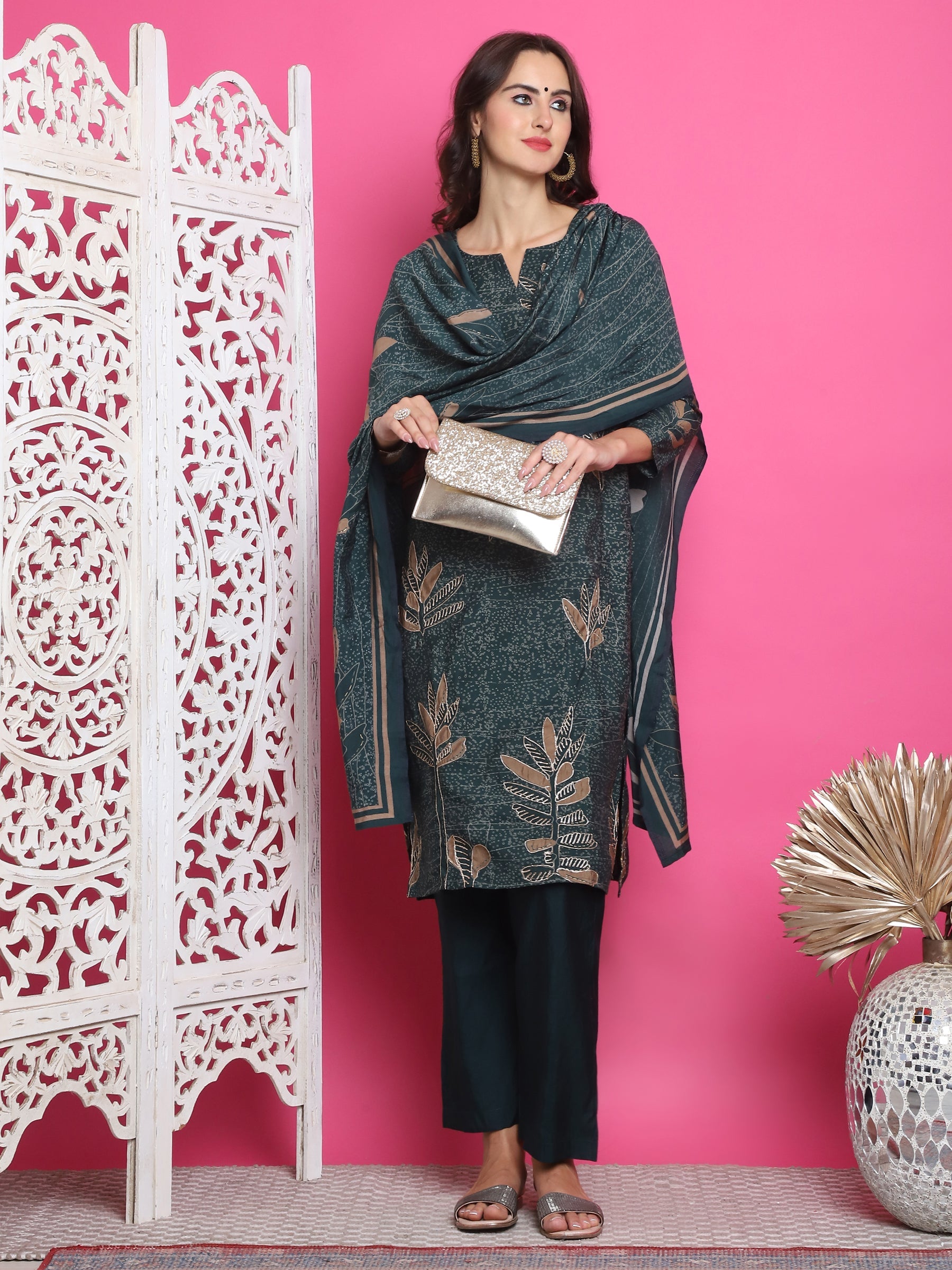 Jyoti Fashion Women's Green Muslin Floral Print with Jari & Crystal work Kurta with Trouser & Dupatta | Grocsy