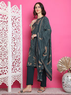 Jyoti Fashion Women's Green Muslin Floral Print with Jari & Crystal work Kurta with Trouser & Dupatta | Grocsy