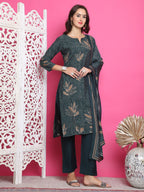 Jyoti Fashion Women's Green Muslin Floral Print with Jari & Crystal work Kurta with Trouser & Dupatta | Grocsy