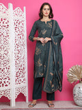 Jyoti Fashion Women's Green Muslin Floral Print with Jari & Crystal work Kurta with Trouser & Dupatta | Grocsy
