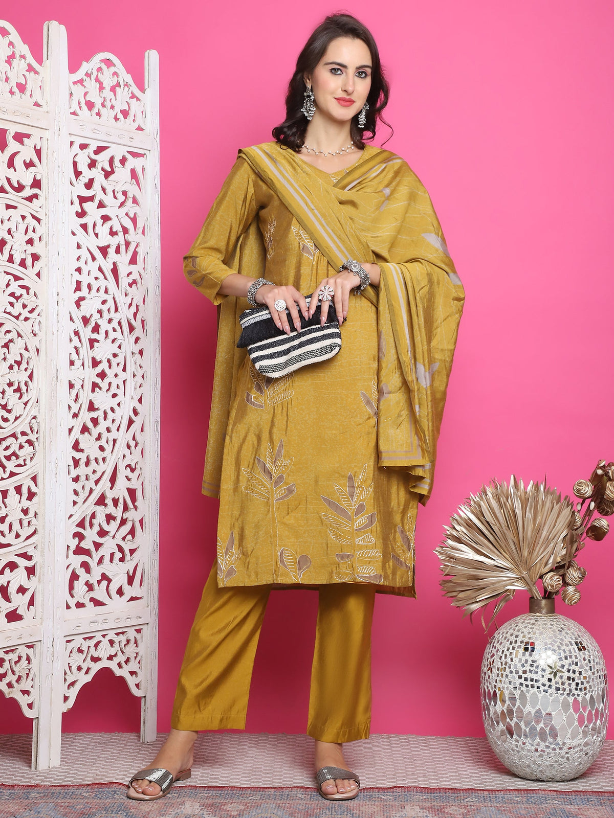 Jyoti Fashion Women's Mustard Muslin Floral Print with Jari & Crystal work Kurta with Trouser & Dupatta | Grocsy