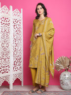 Jyoti Fashion Women's Mustard Muslin Floral Print with Jari & Crystal work Kurta with Trouser & Dupatta | Grocsy