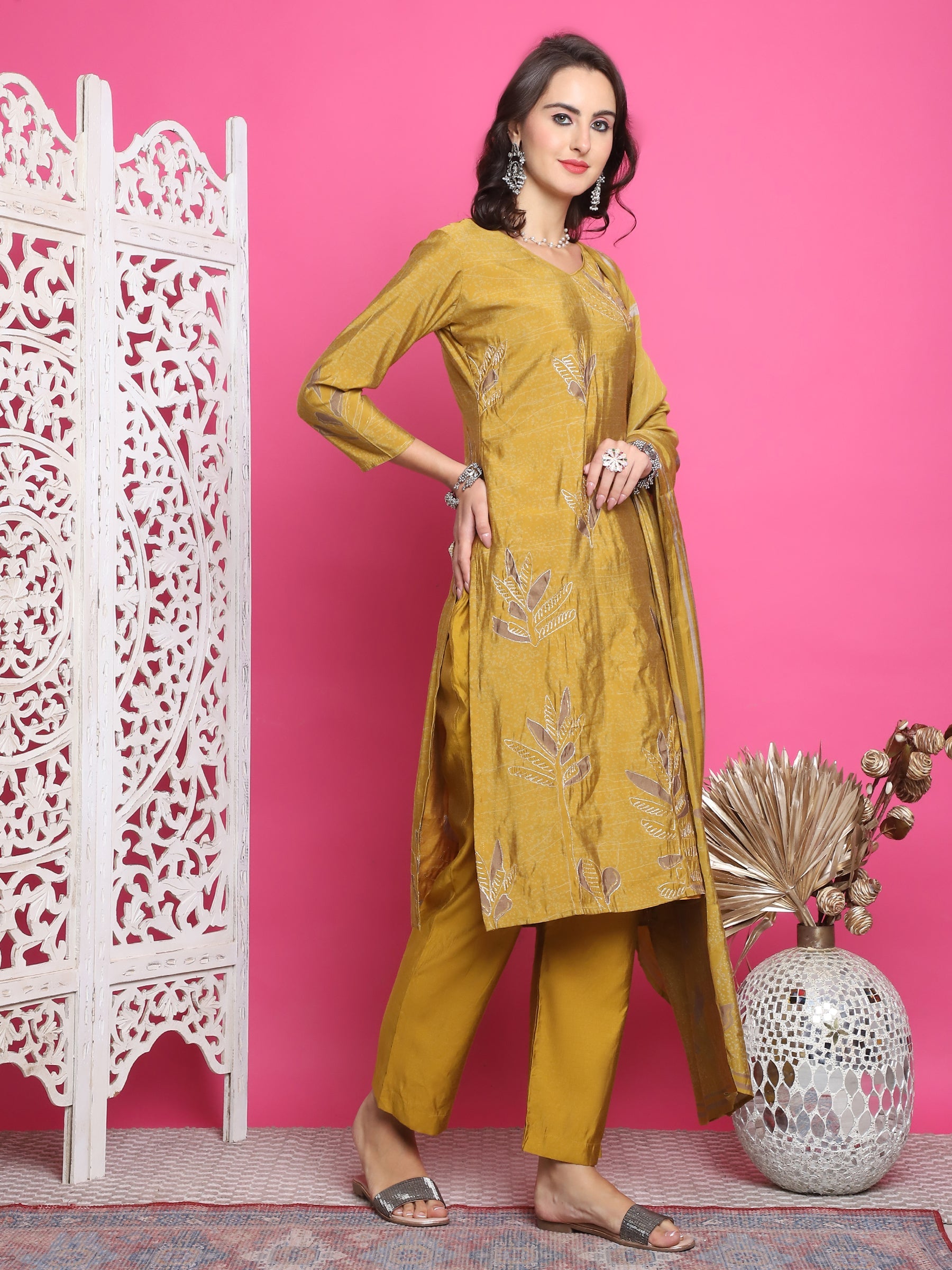 Jyoti Fashion Women's Mustard Muslin Floral Print with Jari & Crystal work Kurta with Trouser & Dupatta | Grocsy