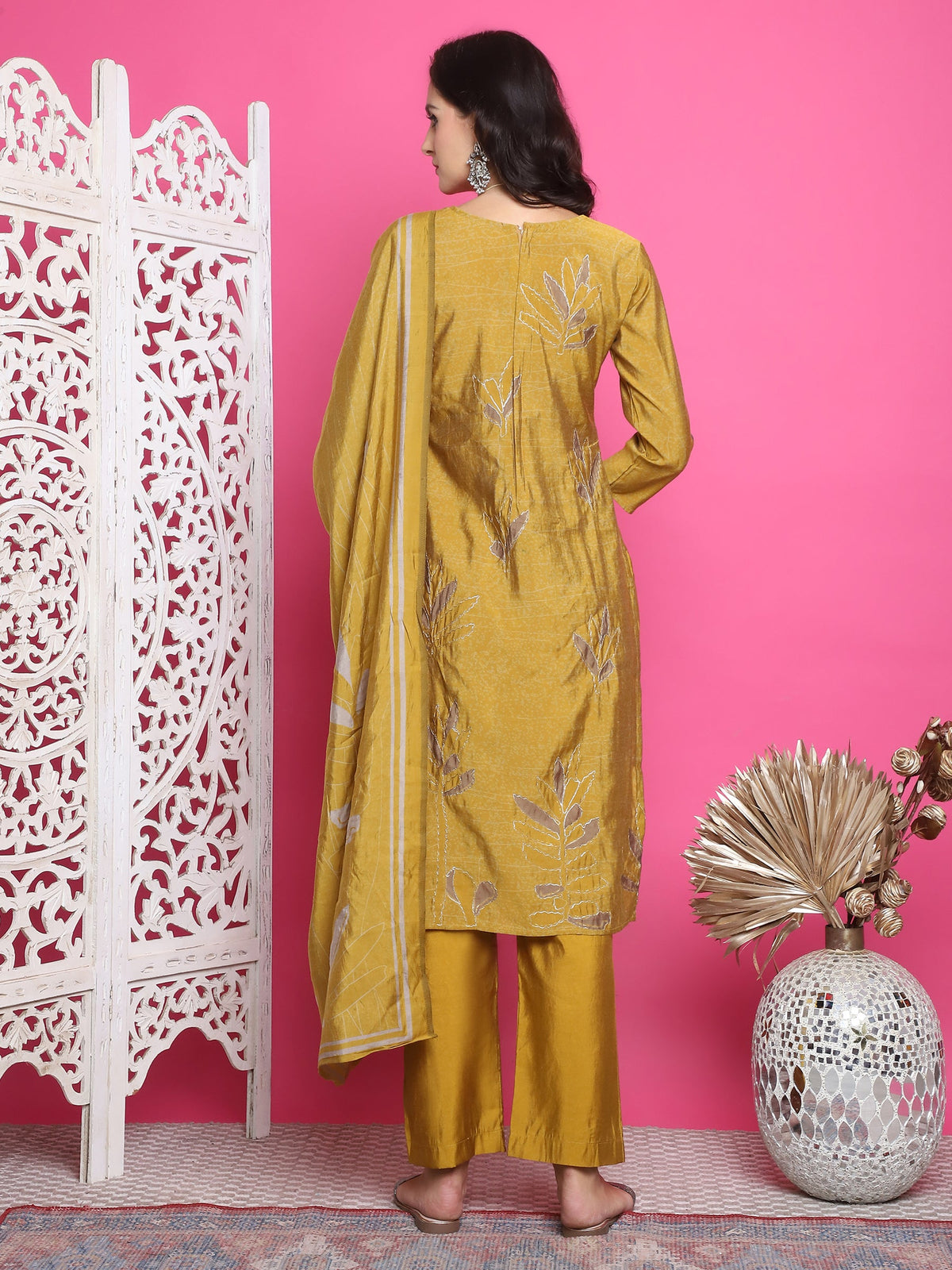 Jyoti Fashion Women's Mustard Muslin Floral Print with Jari & Crystal work Kurta with Trouser & Dupatta | Grocsy