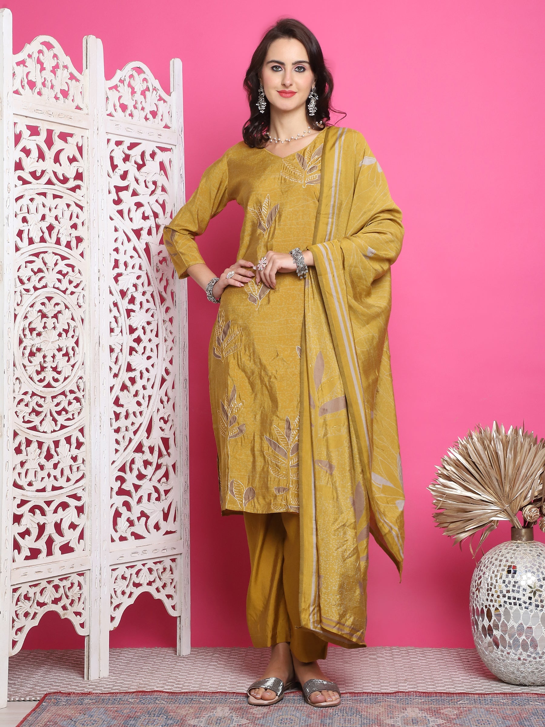 Jyoti Fashion Women's Mustard Muslin Floral Print with Jari & Crystal work Kurta with Trouser & Dupatta | Grocsy