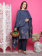 Jyoti Fashion Women's Navy Blue Muslin Floral Print with Jari & Crystal work Kurta with Trouser & Dupatta | Grocsy