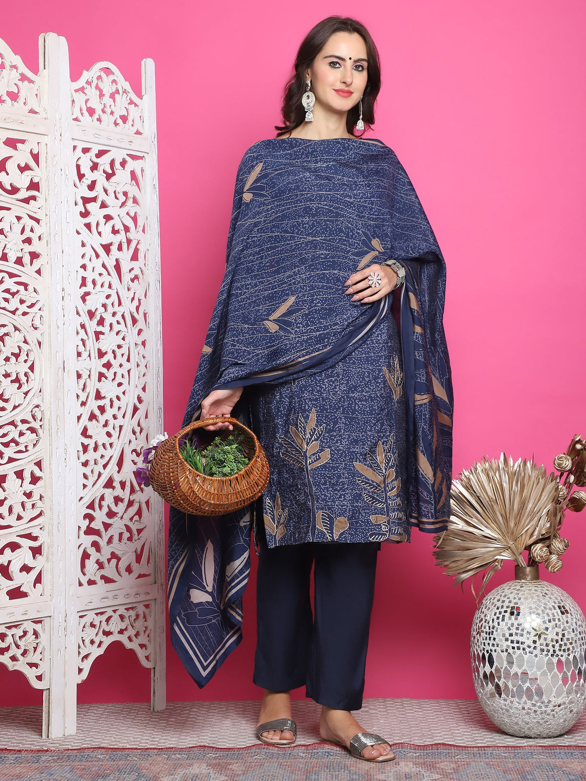 Jyoti Fashion Women's Navy Blue Muslin Floral Print with Jari & Crystal work Kurta with Trouser & Dupatta | Grocsy