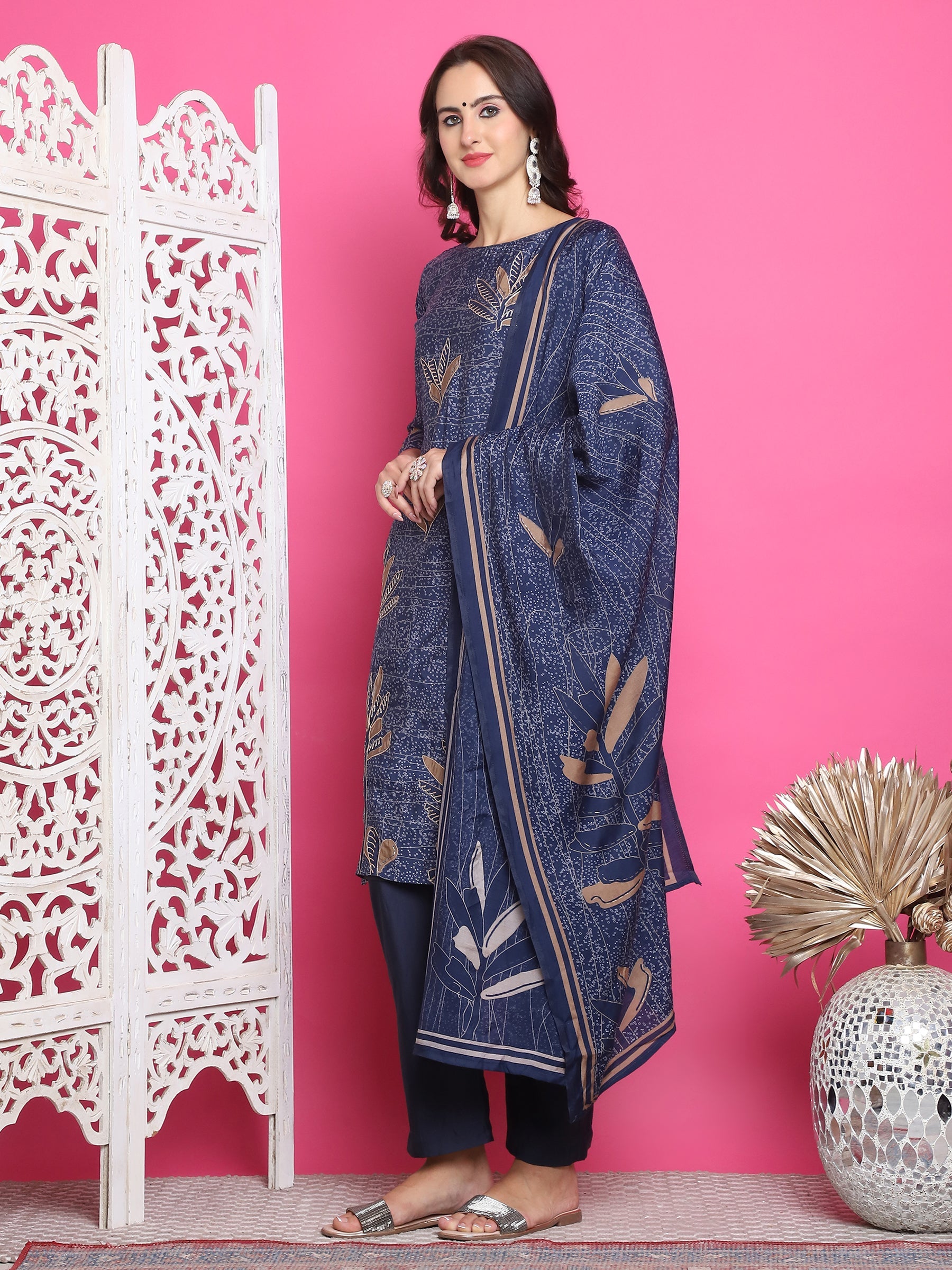 Jyoti Fashion Women's Navy Blue Muslin Floral Print with Jari & Crystal work Kurta with Trouser & Dupatta | Grocsy