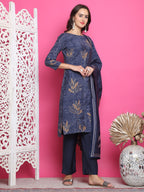 Jyoti Fashion Women's Navy Blue Muslin Floral Print with Jari & Crystal work Kurta with Trouser & Dupatta | Grocsy