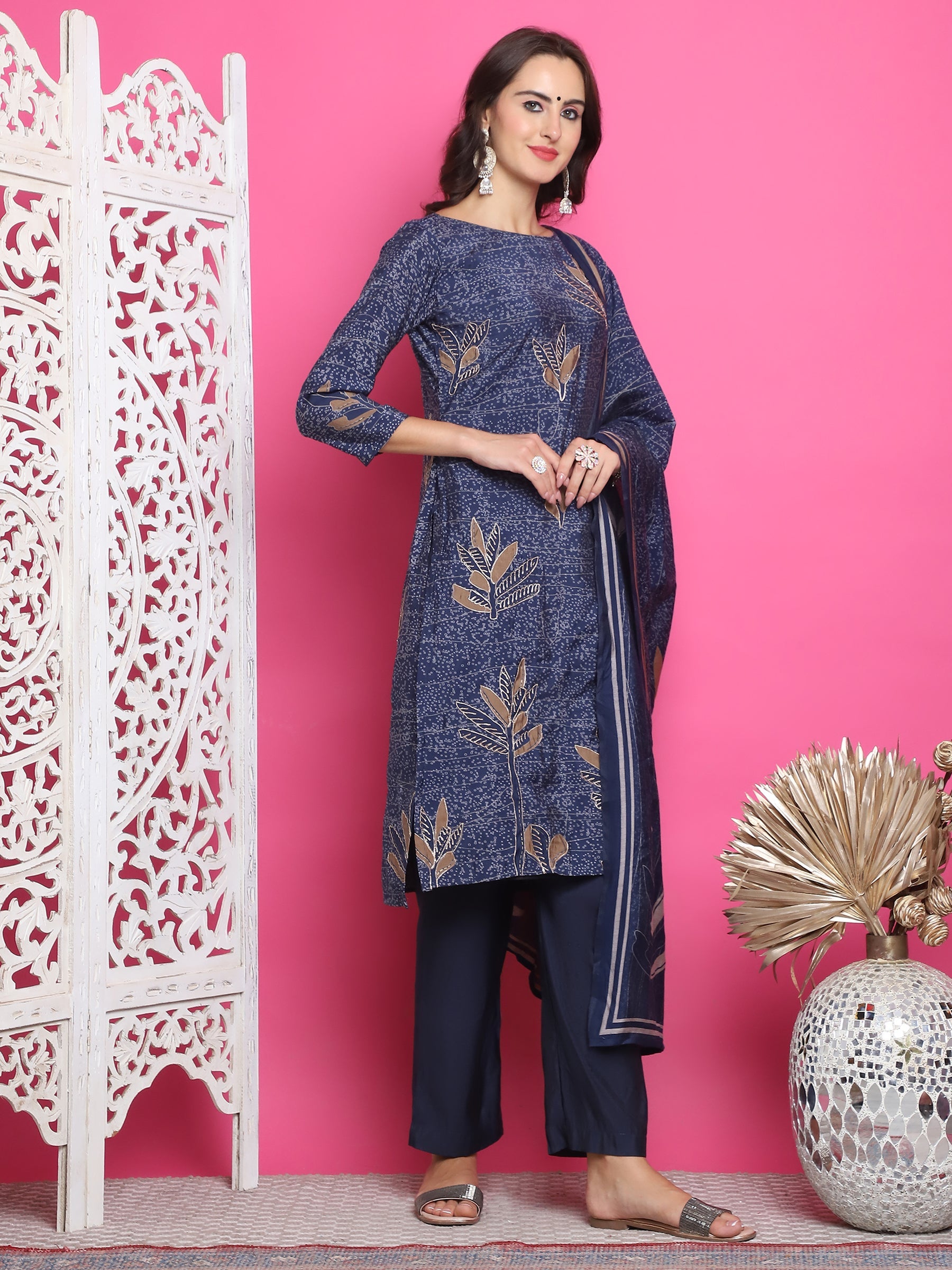 Jyoti Fashion Women's Navy Blue Muslin Floral Print with Jari & Crystal work Kurta with Trouser & Dupatta | Grocsy