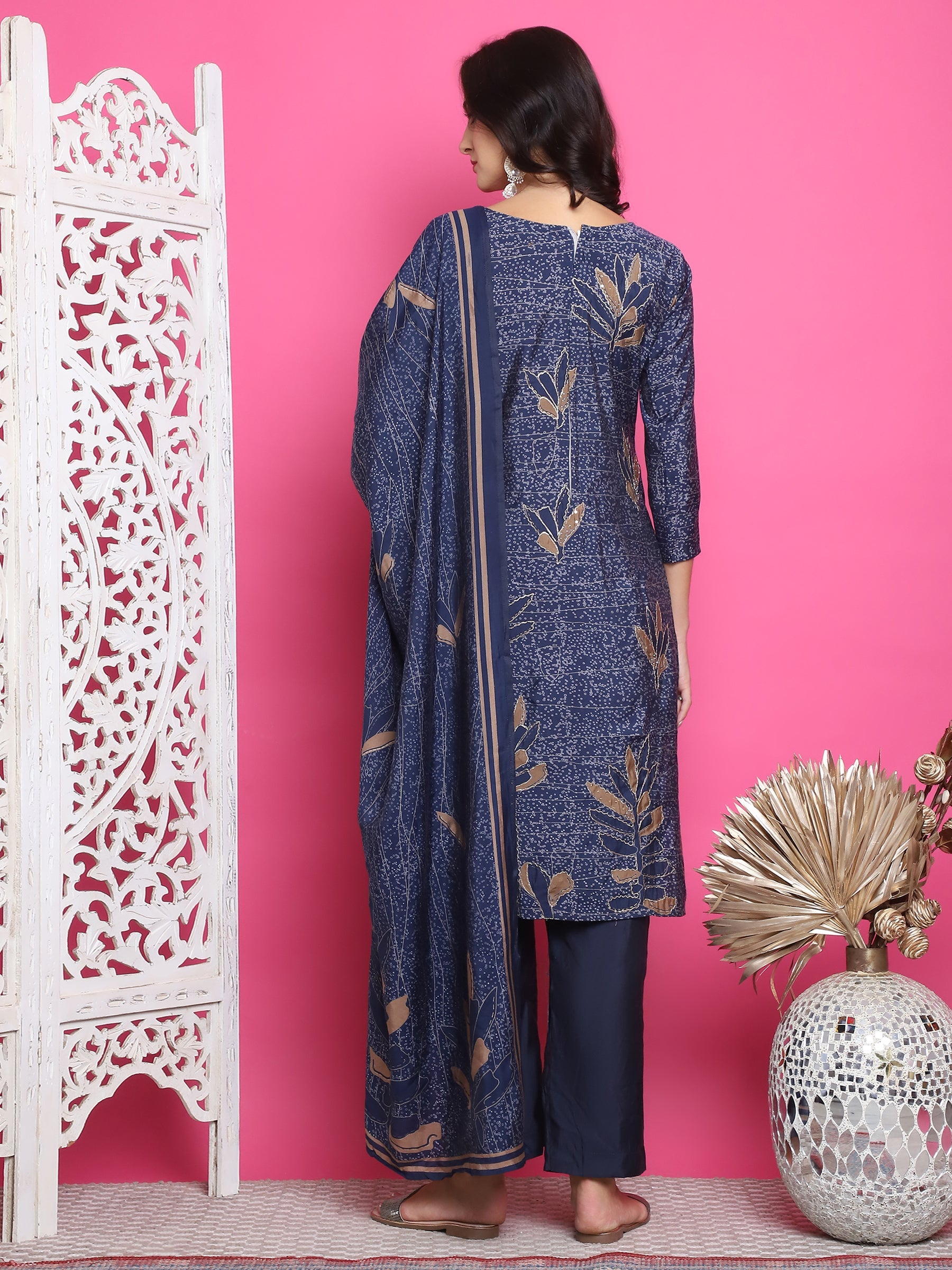 Jyoti Fashion Women's Navy Blue Muslin Floral Print with Jari & Crystal work Kurta with Trouser & Dupatta | Grocsy