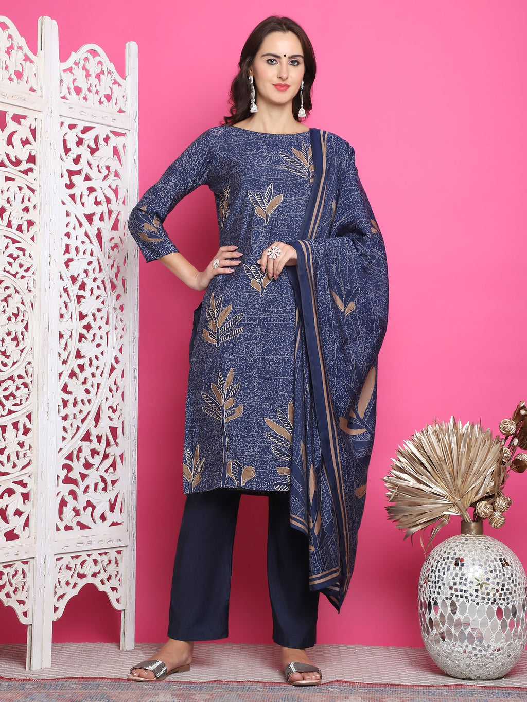 Jyoti Fashion Women's Navy Blue Muslin Floral Print with Jari & Crystal work Kurta with Trouser & Dupatta | Grocsy
