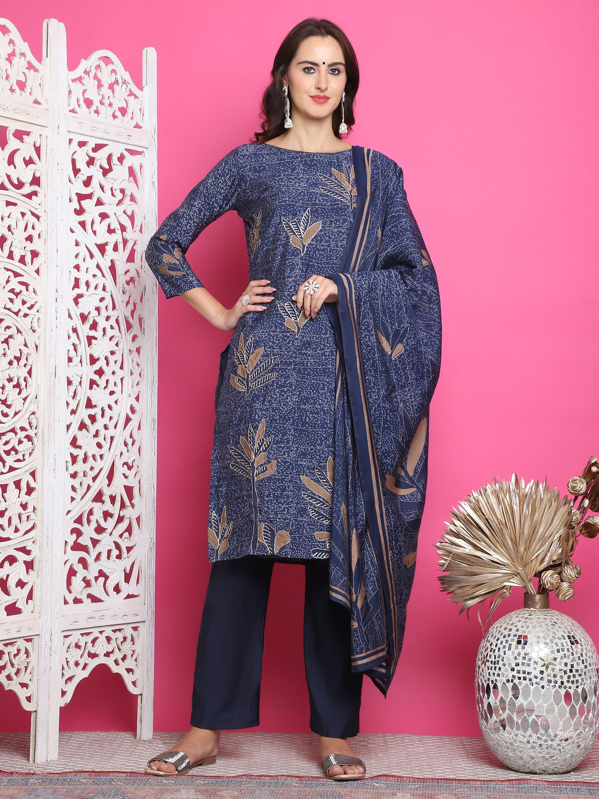Jyoti Fashion Women's Navy Blue Muslin Floral Print with Jari & Crystal work Kurta with Trouser & Dupatta | Grocsy