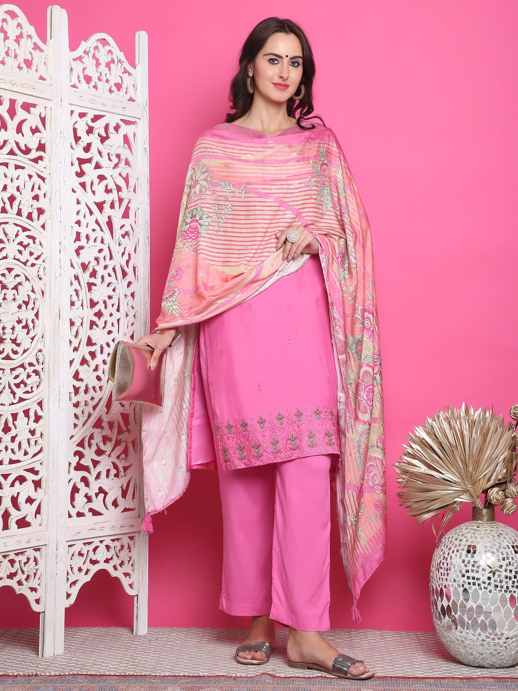 Jyoti Fashion Women's Pink Muslin Floral Resham Embroidery Kurta with Trouser & Dupatta | Grocsy