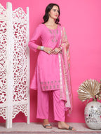 Jyoti Fashion Women's Pink Muslin Floral Resham Embroidery Kurta with Trouser & Dupatta | Grocsy