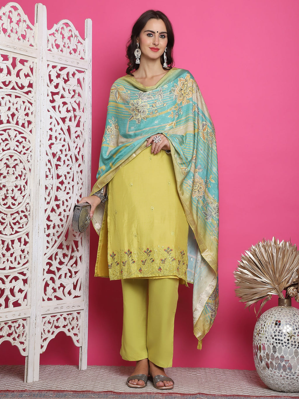 Jyoti Fashion Women's Lemon Yellow Muslin Floral Resham Embroidery Kurta with Trouser & Dupatta | Grocsy