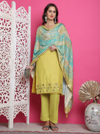 Jyoti Fashion Women's Lemon Yellow Muslin Floral Resham Embroidery Kurta with Trouser & Dupatta | Grocsy