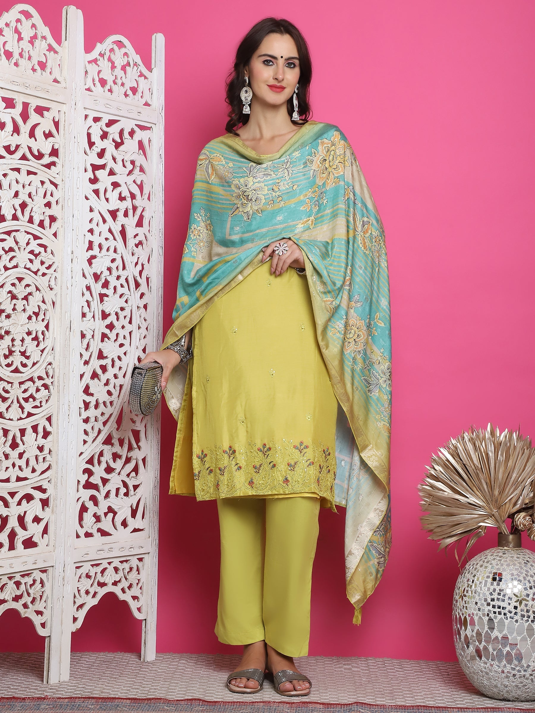 Jyoti Fashion Women's Lemon Yellow Muslin Floral Resham Embroidery Kurta with Trouser & Dupatta | Grocsy