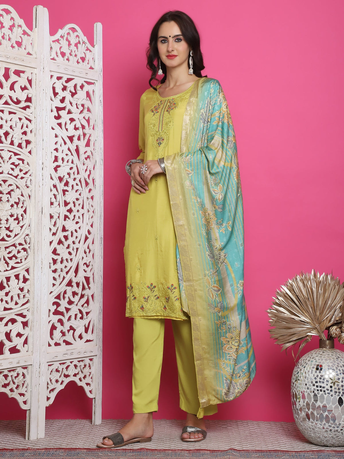 Jyoti Fashion Women's Lemon Yellow Muslin Floral Resham Embroidery Kurta with Trouser & Dupatta | Grocsy